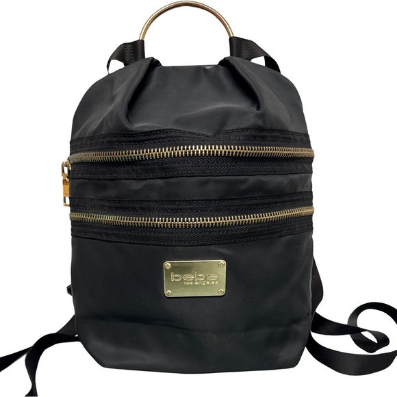 Bebe Los Angeles Multi Pocket Mini Backpack Black With Gold Hardware - Picture 1 of 15